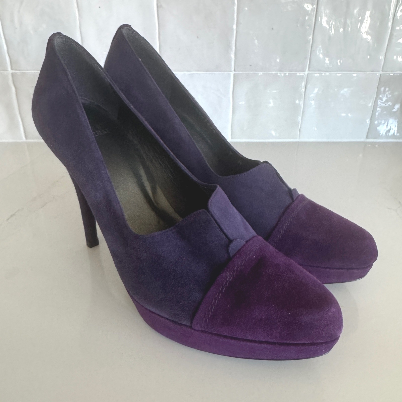 Stuart Weitzman Pump Women 9 Purple Suede Two Tone Platform Stiletto Heel